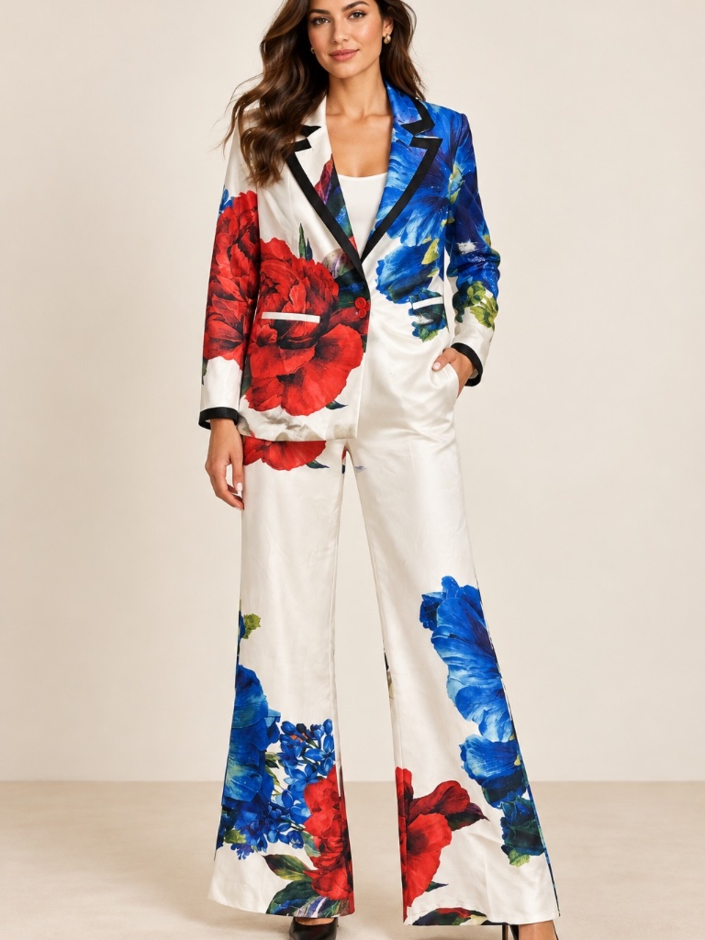 Rose Velvet Floral Contrast Trim Blazer Wide Leg Pants Set